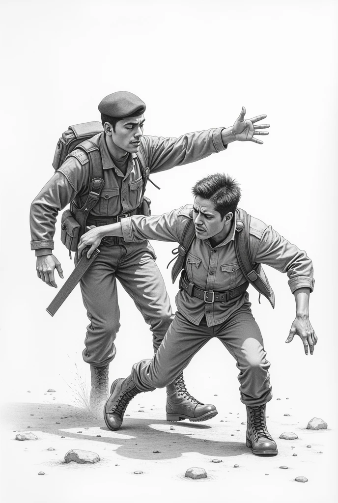 A young man escaping from a soldier where the young man extends his hand to the right symbolizing escape or freedom and on the left side the soldier preventing or silencing his voice as well as tying the young man and that is captured in a sad face In pencil
