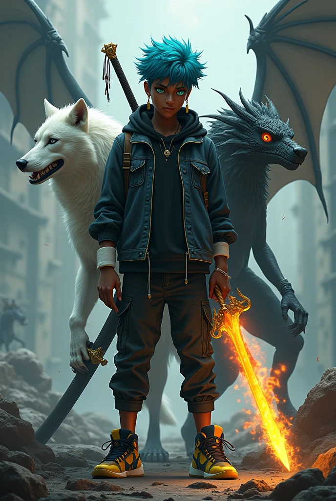 A dark-skinned boy with electric blue hair and green eyes, gold earrings in both ears standing in a pile of bodies, wearing a black denim sweatshirt with a black shirt, wearing black denim pants, black and yellow Jordan sneakers, and white wristbands, with a dragon-shaped sword in his left hand and a fire katana in his right hand, a strap on his back, on the left side a white wolf, and on the right a young black dragon.