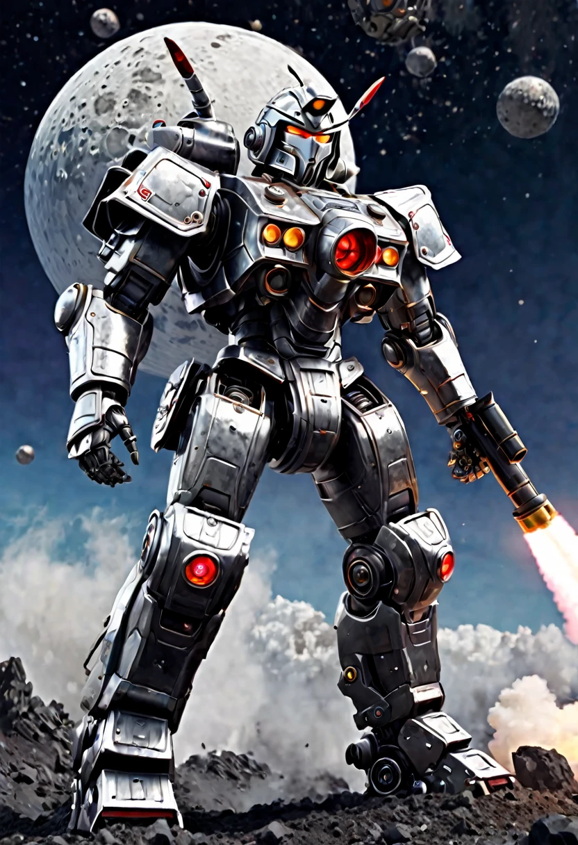 A giant robot (samurai theming, head has helmet styling and a large bubble dome cockpit), lunar surface, stars in back ground, action pose, shooting a rocket fist at viewer connected to mech via chain
