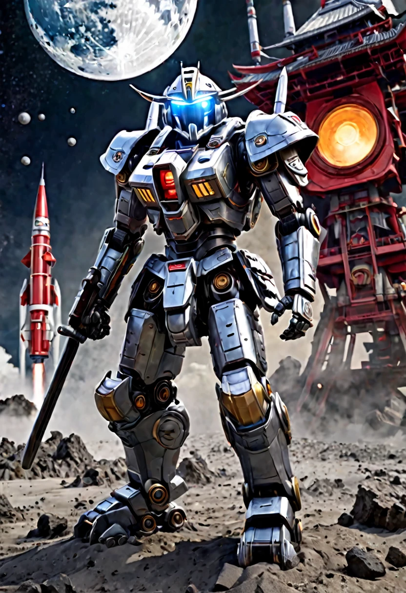 A giant robot (samurai theming, head has helmet styling and a large bubble dome cockpit), lunar surface, stars in back ground, action pose, shooting a rocket fist at viewer connected to mech via chain