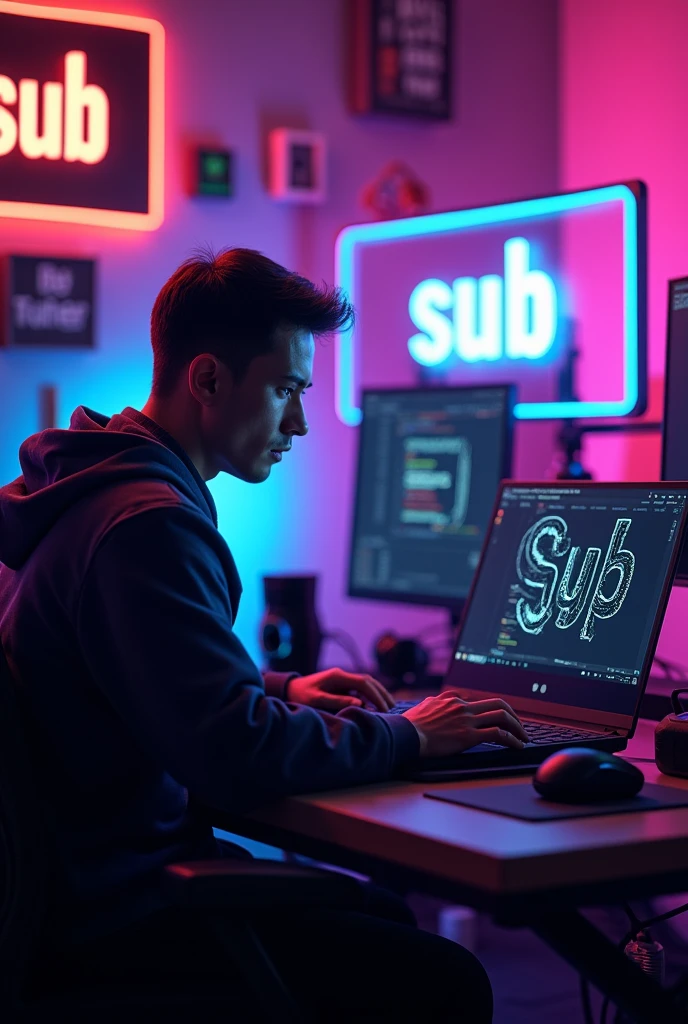Human is work for leptop in work tabal and beground ' SUB COUNT ' LOGO design and decorate RGB lights and background YouTube equipment gaming setup and Phool YouTube channel 4k image size 16:9