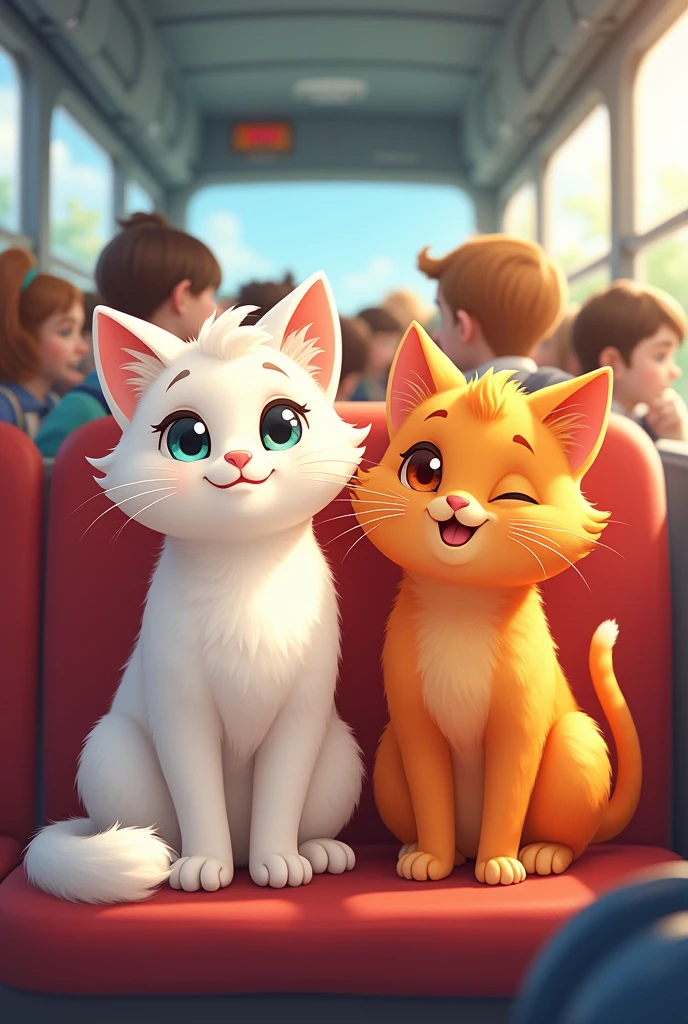 the white cat and ginger cat going to school.on the bus.