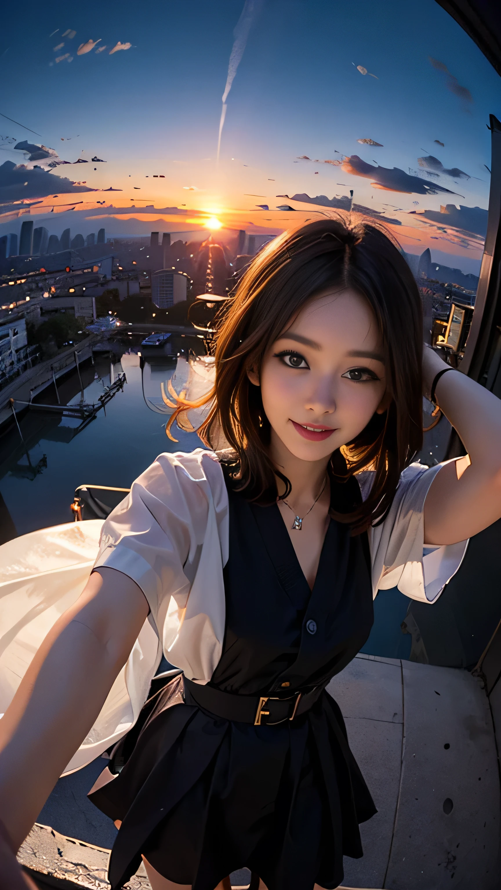 One person, Korean, Fisheye Lens, Selfie, Wind, Messy Hair, sunset, Cityscape, (Aesthetics and atmosphere:1.2),smile