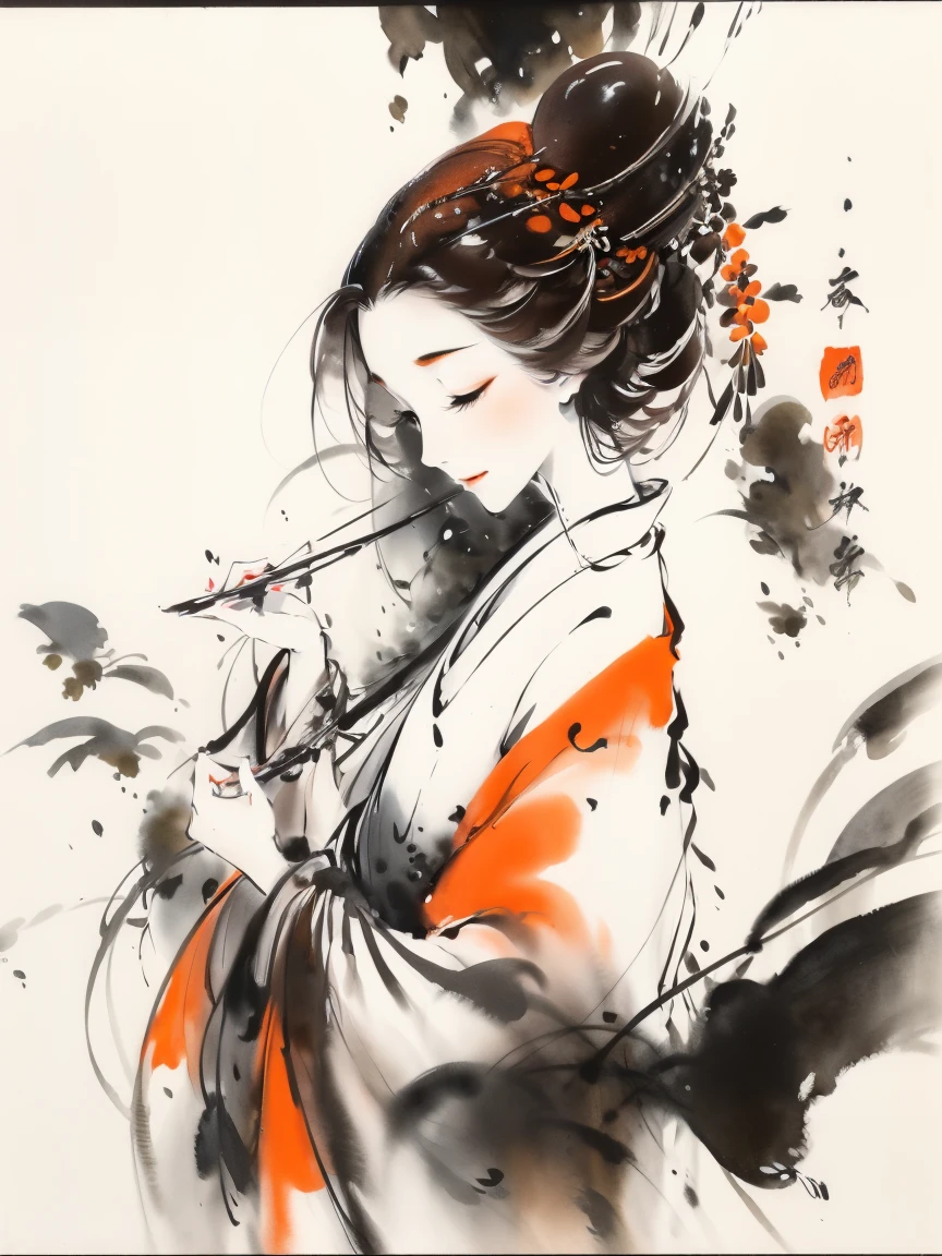 8k Highest quality Highest quality High resolution flower々A woman in a decorated kimono Mainly facial depictions Women feel moist and wet soft, A kind smile pale colour Soft ink painting Fantasy Smooth, Thin ink lines Gentle and delicate contours Orange and pale yellow hues No text in the background No text