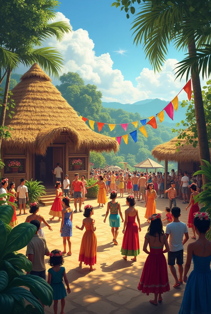 happy fiesta celebration traditional filipino with bahay kubo landscape background