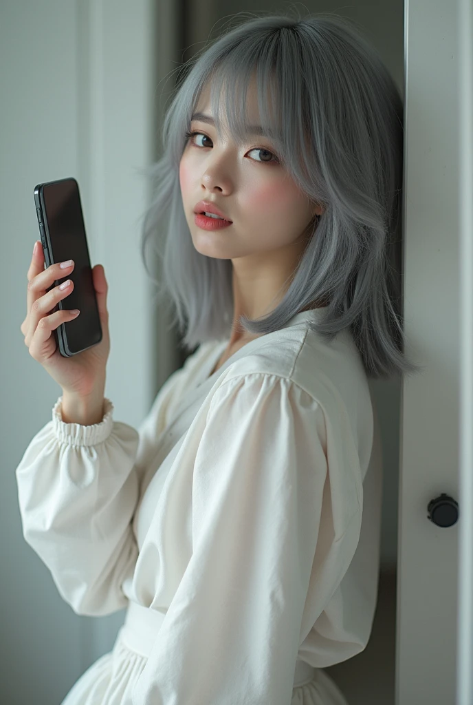 highly detailed, beautiful, hyper Realistic girl, masterpiece, best quality, Depict a mysterious and sophisticated Japanese gravure woman, 28-years-old, identity hidden, all body shot, /// (wearing a Pierrot costume, white theme), /// gray arranged hair, small head, Detailed face, cute and Pretty slim face, Duck mouth, perfect beautiful Tooth, arranged gray hair, shiny eyes, Light-colored eyes, Realistic skin, Detailed face, /// Monotone simple modern taste single room, mirror, complicated background /// takes a selfie in her room using a smartphone in front of a mirror with one hand, standing and fashion model Posing, looking away from the camera,