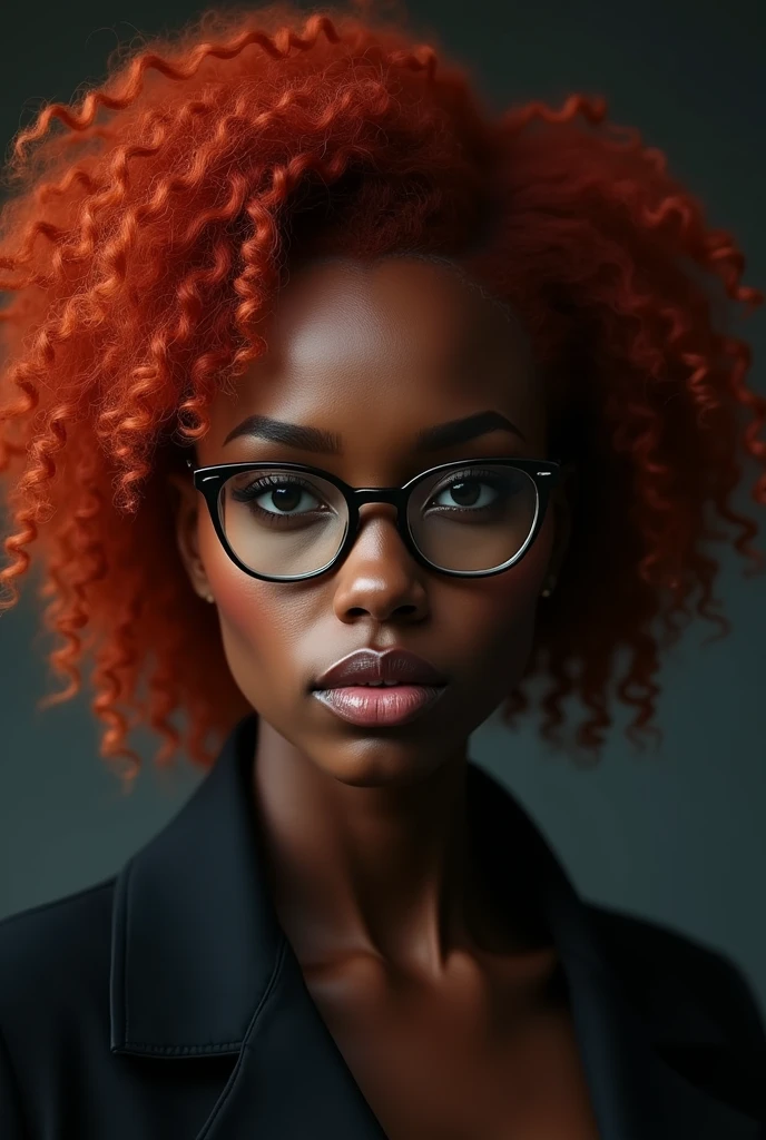 Dark-skinned woman with curly red hair wearing glasses