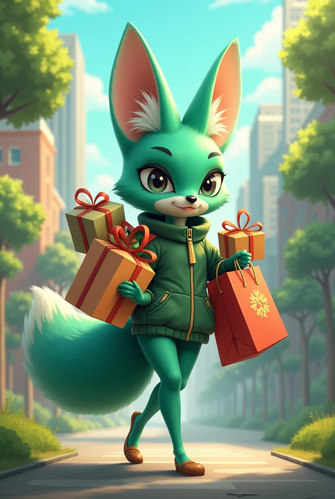 A Tiffany green fox who loves shopping,Fox Girl,Carrying a bunch of gifts,Can't take it all,Cute realistic style,Background city and forest,