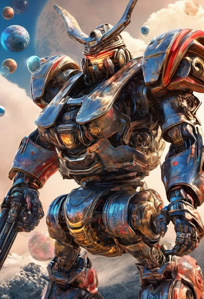 A giant robot (samurai theming, head has helmet styling and a large bubble dome cockpit), lunar surface, stars in back ground, action pose, shooting a rocket fist at viewer connected to mech via chain
