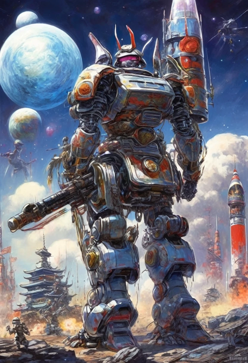 A giant robot (samurai theming, head has helmet styling and a large bubble dome cockpit), lunar surface, stars in back ground, action pose, shooting a rocket fist at viewer connected to mech via chain