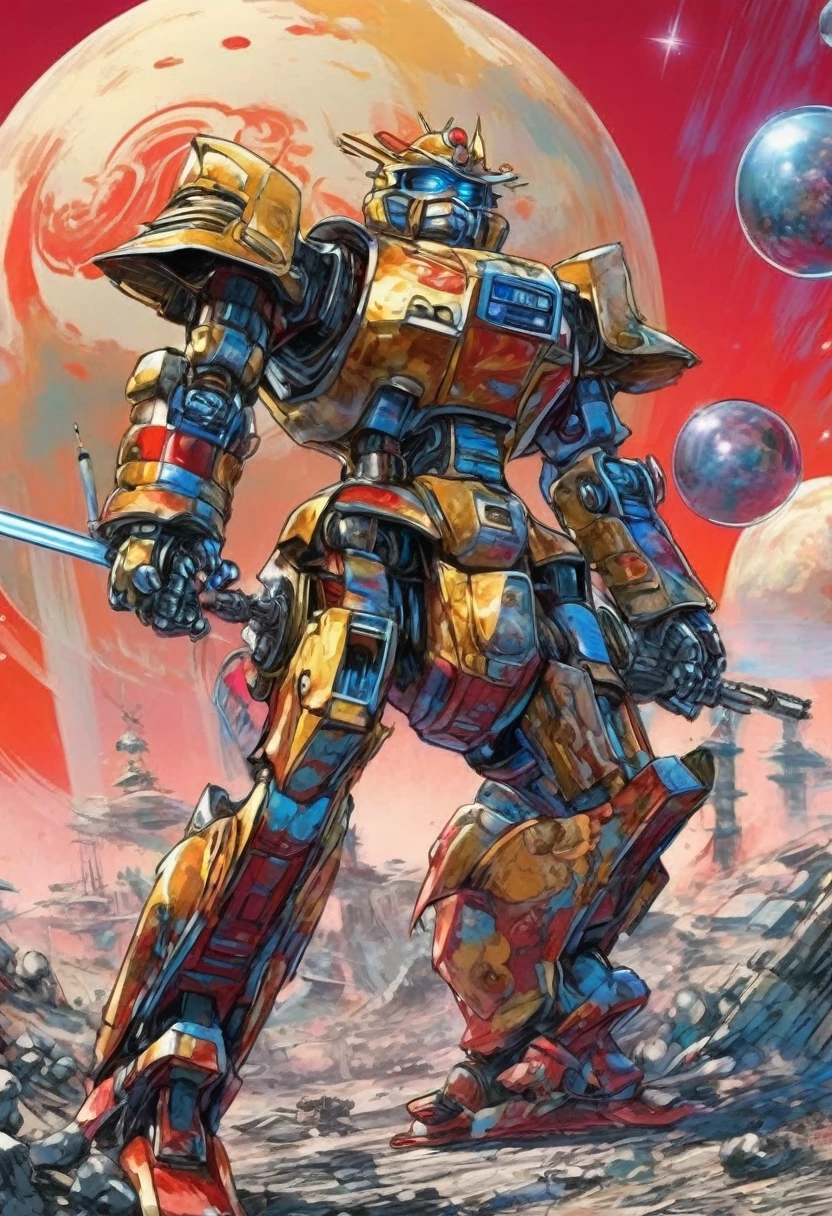 A giant robot (samurai theming, head has helmet styling and a large bubble dome cockpit), lunar surface, stars in back ground, action pose, shooting a rocket fist at viewer connected to mech via chain
