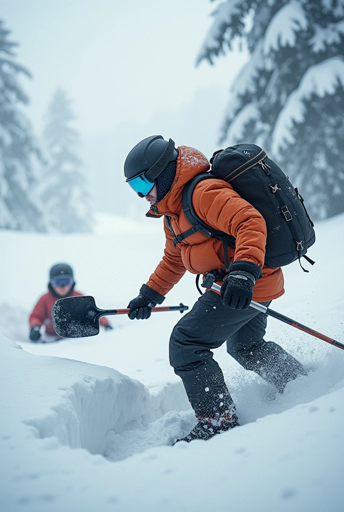 "A skier pulling a shovel out of his backpack, preparing to dig out a trapped snowboarder from the snow. The scene shows urgency, with the skier ready to act quickly, surrounded by a serene but dangerous snowy landscape."
