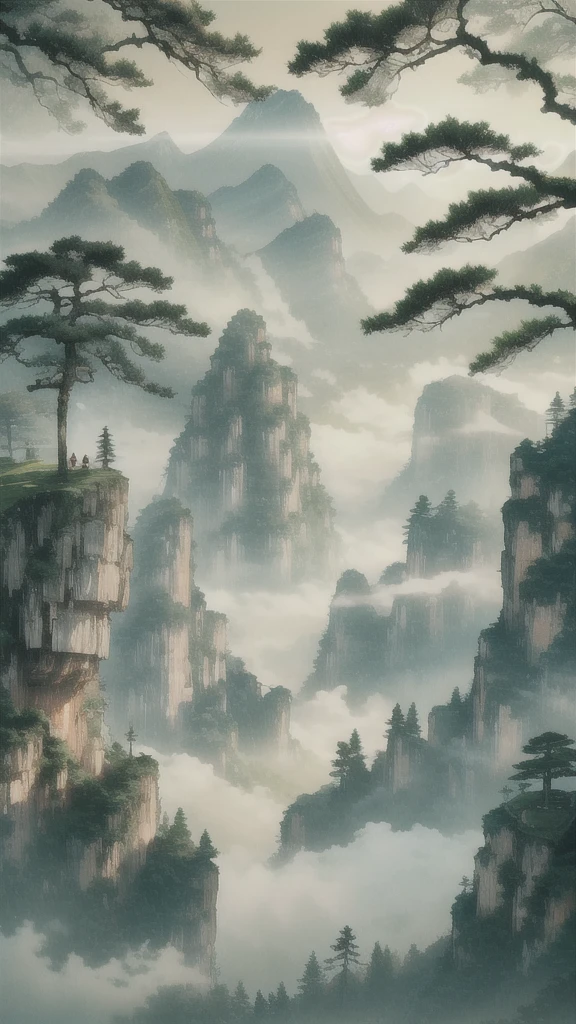 Anime Style, Akira Toriyama. Create a lush, green mountain landscape at sunrise, inspired by traditional Chinese art. The scene should feature verdant, towering mountains covered in thick, vibrant green foliage, with ancient trees, vines, and dense vegetation creating a sense of richness and life. The mountainsides should be teeming with various shades of green, from deep emerald to soft moss, giving the area a dense, jungle-like atmosphere.

The sky should be illuminated with warm hues of orange and pink as the sun begins to rise, casting soft light over the mountains. Mist should swirl gently around the mountain peaks, adding a touch of mysticism.

At the center of the scene, leave a clear, flat space on a mountaintop where a stone egg has just cracked open (this is where I will insert an image of Sun Wukong emerging). Surround this area with a gentle golden glow and floating sparkles to signify a magical event.

Ensure the overall mood is lush, vibrant, and full of life, capturing the feeling of an ancient, enchanted forest high in the mountains."