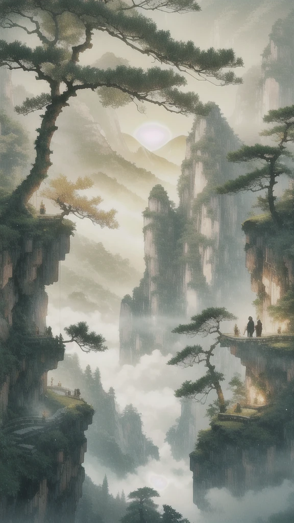 Anime Style, Akira Toriyama. Create a lush, green mountain landscape at sunrise, inspired by traditional Chinese art. The scene should feature verdant, towering mountains covered in thick, vibrant green foliage, with ancient trees, vines, and dense vegetation creating a sense of richness and life. The mountainsides should be teeming with various shades of green, from deep emerald to soft moss, giving the area a dense, jungle-like atmosphere.

The sky should be illuminated with warm hues of orange and pink as the sun begins to rise, casting soft light over the mountains. Mist should swirl gently around the mountain peaks, adding a touch of mysticism.

At the center of the scene, leave a clear, flat space on a mountaintop where a stone egg has just cracked open (this is where I will insert an image of Sun Wukong emerging). Surround this area with a gentle golden glow and floating sparkles to signify a magical event.

Ensure the overall mood is lush, vibrant, and full of life, capturing the feeling of an ancient, enchanted forest high in the mountains."