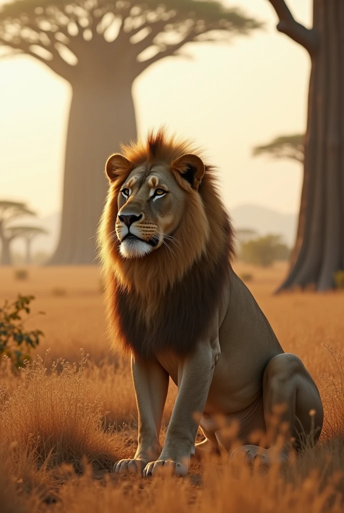 Realistic photo, 8k photo, cinematic, big large majestic Wild lion, sitting on ground, in africa wild savana scene, daylight scene, not aggressive, majestic, king of the animals, baobabs in background
