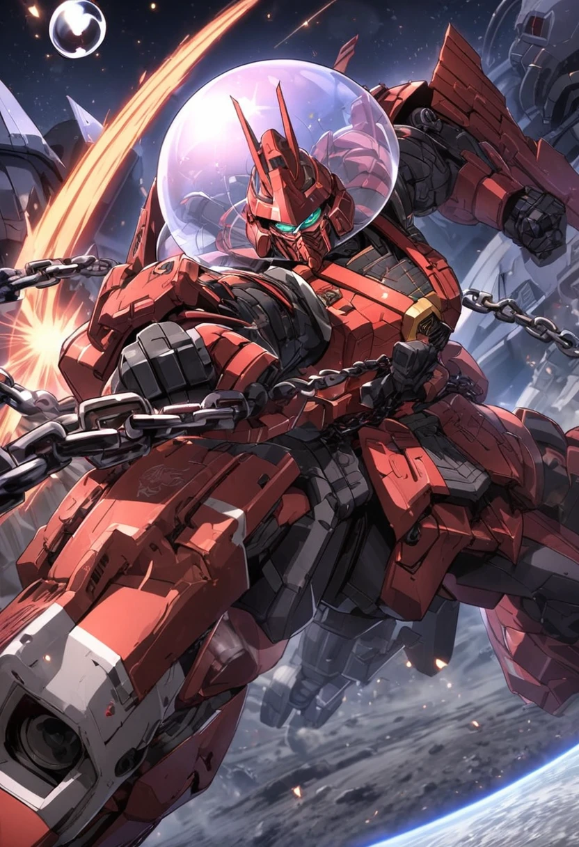 A giant robot (samurai theming, head has helmet styling and a large bubble dome cockpit), lunar surface, stars in back ground, action pose, shooting a rocket fist at viewer connected to mech via chain