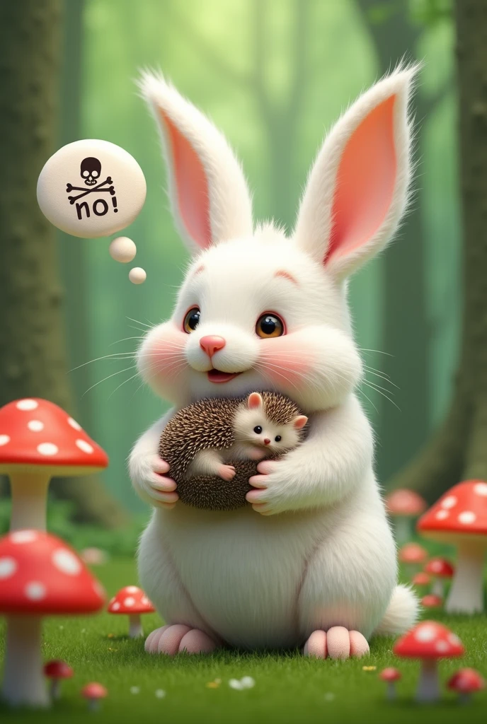 Generate a Full HD hyper-realistic image of A fluffy white bunny holds a small hedgehog in its arms, set against a vibrant, green forest backdrop. The scene features whimsical red and white mushrooms in the foreground. Above the bunny, a speech bubble displays a skull and crossbones with the word NO! inside, suggesting a playful warning about the mushrooms. The atmosphere is enchanting and playful, reminiscent of a storybook illustration.