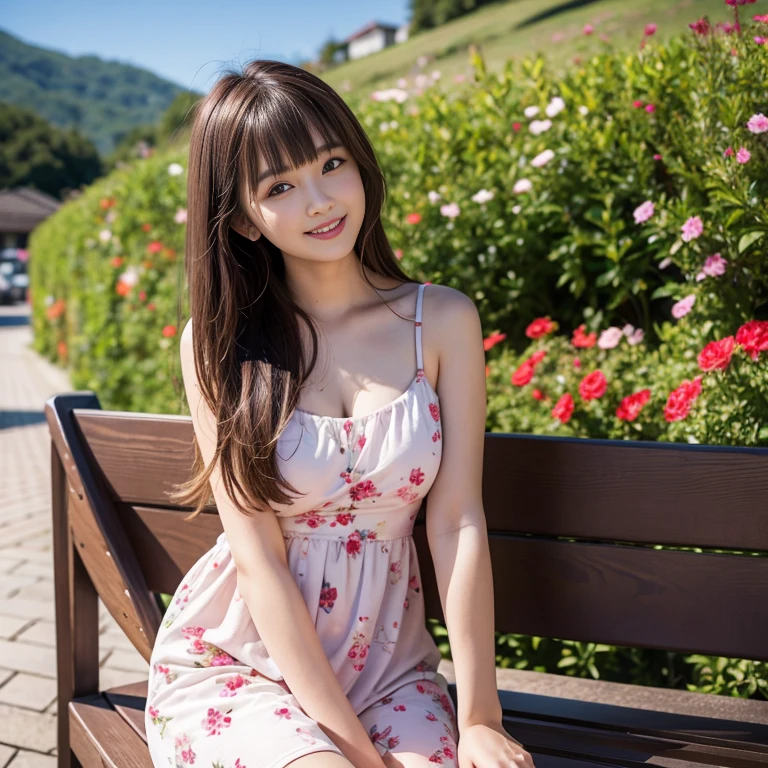 laughing out loud,travel scenery photos,Wear a cute floral dress,1 female, On the face, light brown hair, blunt bangs, hair behind ears, Shoulder-length hair, long hair, Slender body type, 超face slimming型, face slimming, delicate lips, beautiful eyes, Thin blush, Eyes are light brown,View here, (actual:1.3), One person's perspective, 8k, Super detailed, high quality, best quality, High resolution, ,Large Breasts,2,above knee shot