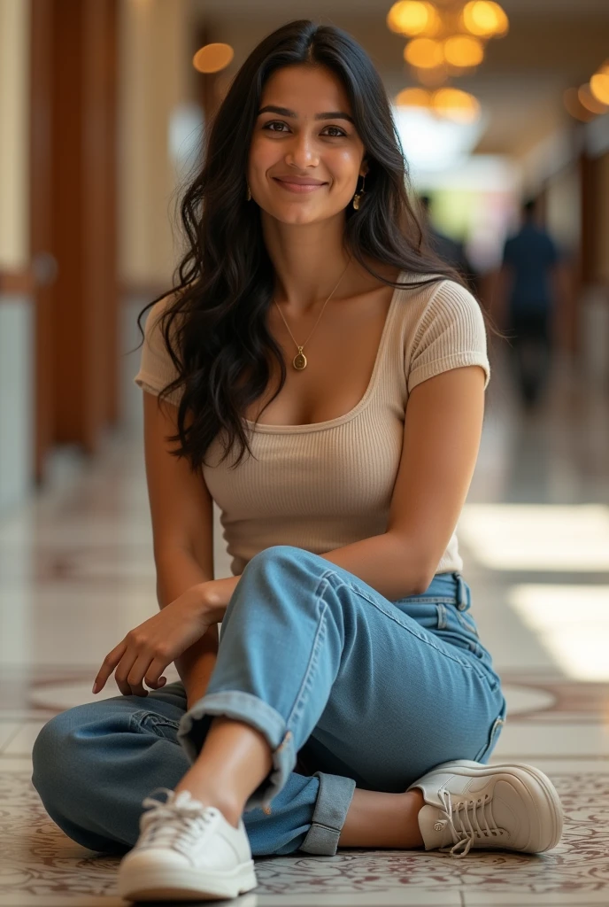 (photorealism:1.2), beautiful 35yo north indian married woman with curvy body, sitting in mall, floor tiles, wearing casual square neck top and denim pants with matching casual shoes, intricate details, warm colors