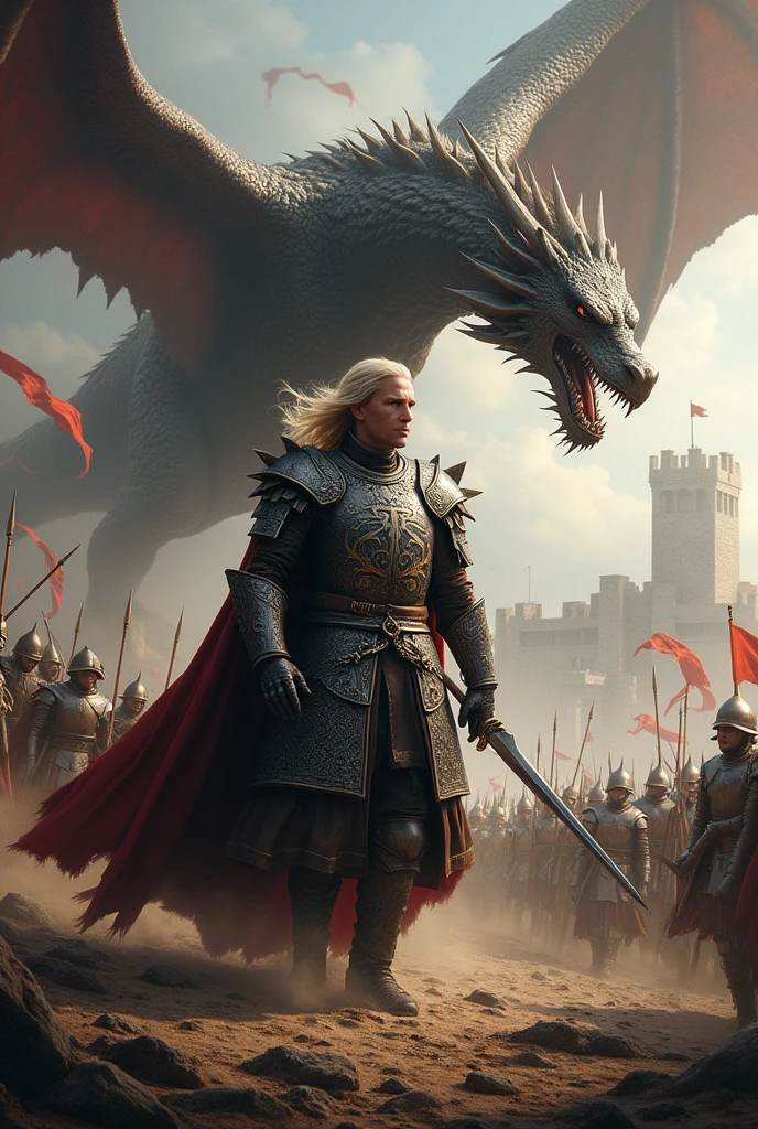 Create a detailed image of Aegon Targaryen on the battlefield and with his dragon flying in the sky 