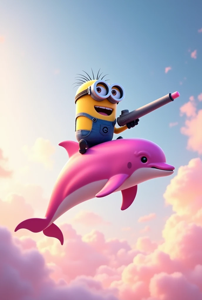 Create an image of a minion on top of a pink dolphin flying in the sky and the minion has a cannon