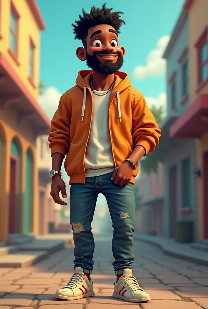 I want a black comedian with a funny facial expression that makes anyone laugh just by looking at his slightly large mouth., full body with social fact, shoe watch, tall and agers with realistic beard style like PlayStation 5 games with very high quality