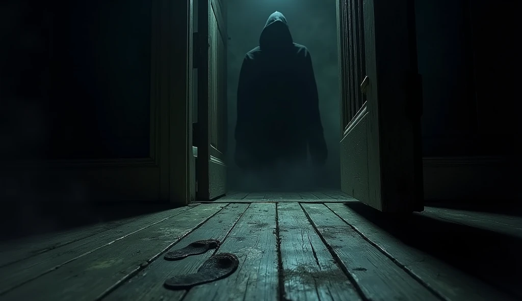 "A close-up of a wooden floor with wet barefoot footprints leading to a half-open door. Beyond the door, a dark, sinister and indistinct shape lurks, giving a sense of foreboding. atmosphere of fear and horror."