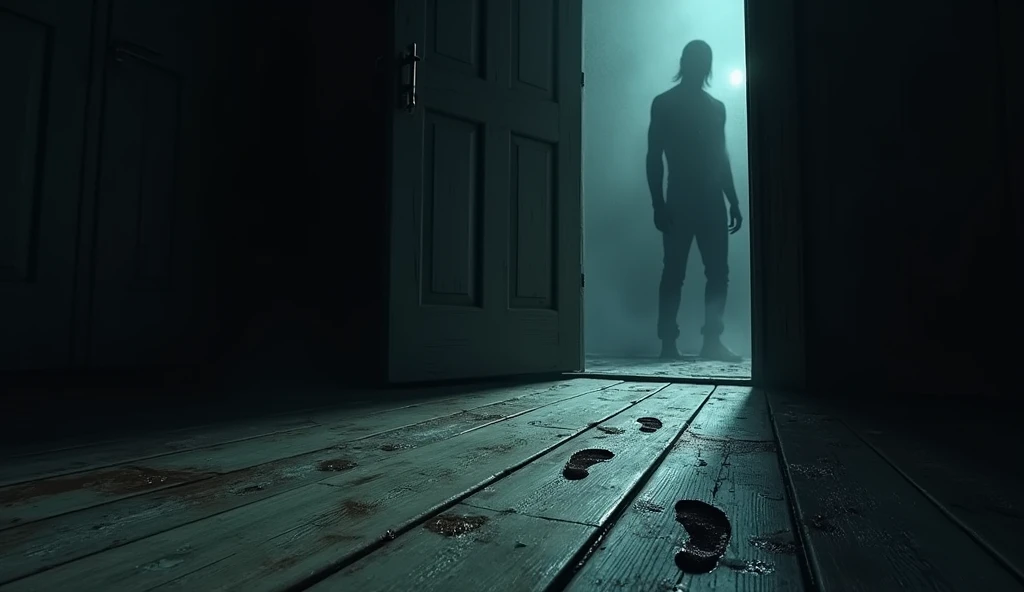 "A close-up of a wooden floor with wet barefoot footprints leading to a half-open door. Beyond the door, a dark, sinister and indistinct shape lurks, giving a sense of foreboding. atmosphere of fear and horror."