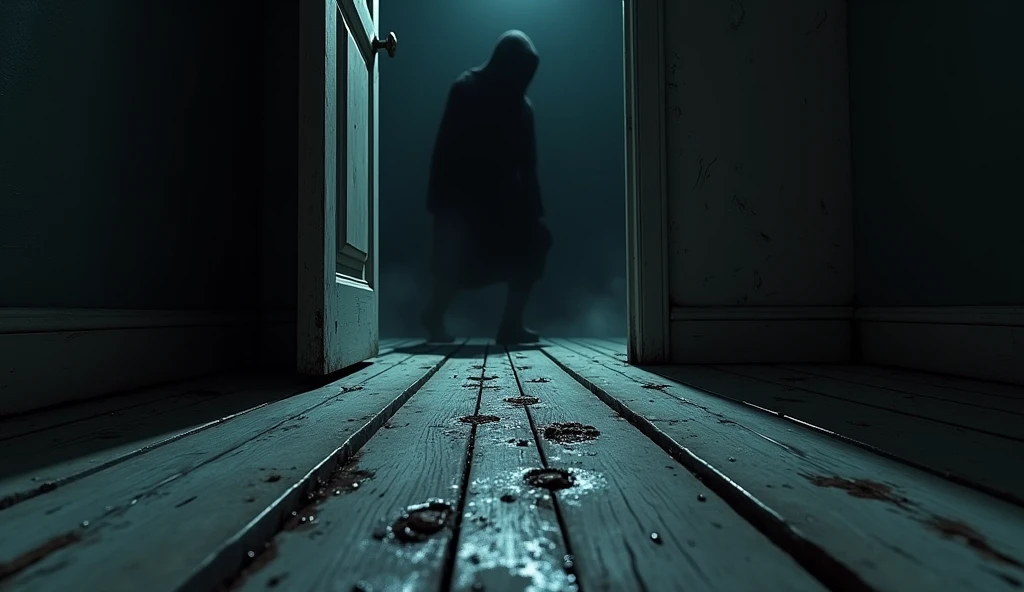 "A close-up of a wooden floor with wet barefoot footprints leading to a half-open door. Beyond the door, a dark, sinister and indistinct shape lurks, giving a sense of foreboding. atmosphere of fear and horror."