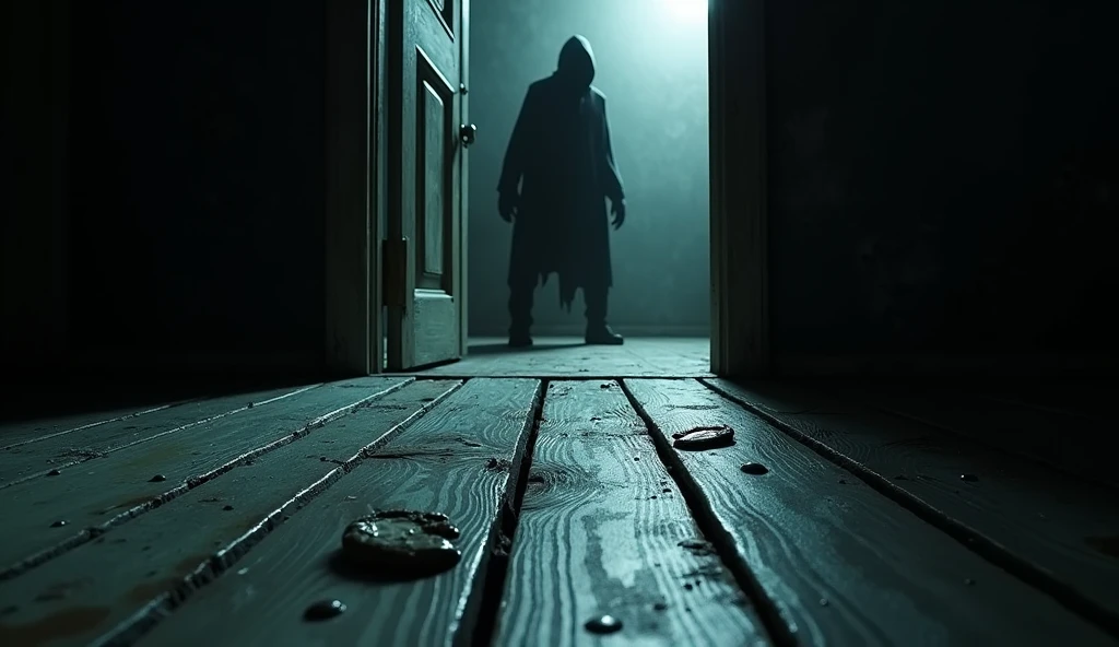 "A close-up of a wooden floor with wet barefoot footprints leading to a half-open door. Beyond the door, a dark, sinister and indistinct shape lurks, giving a sense of foreboding. atmosphere of fear and horror."