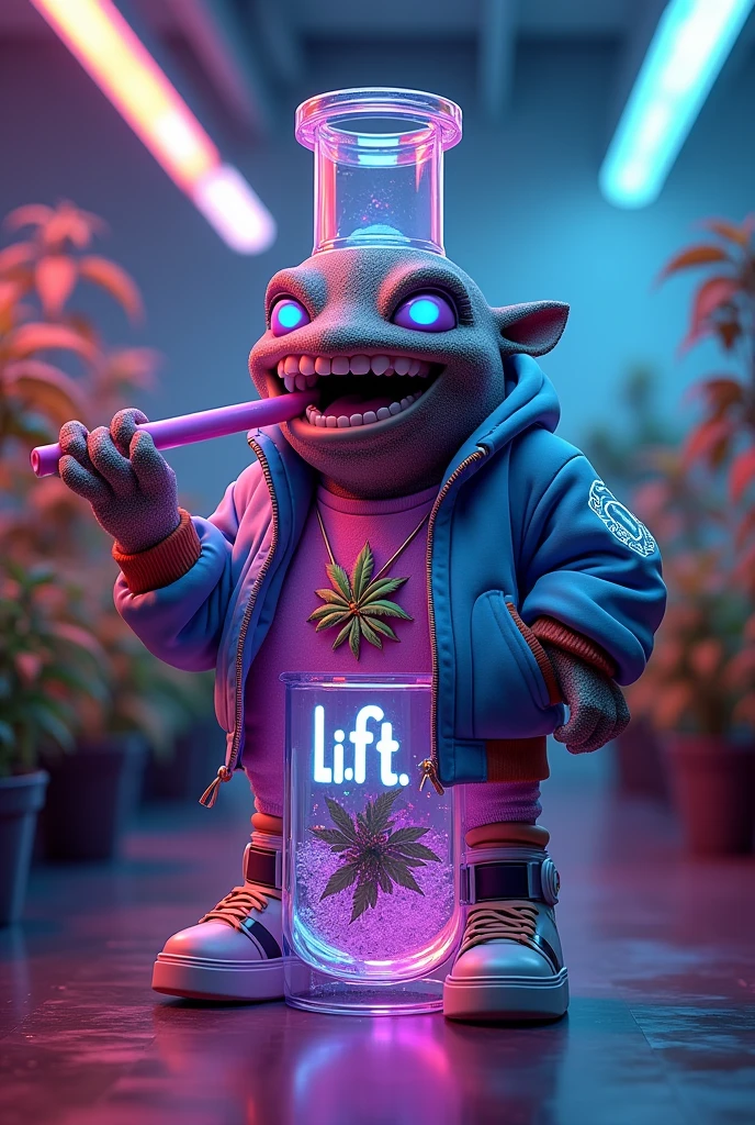 design a 3d anti-gravity bong character with indica floating inside. this design is the logo for the company. the brand name l.i.f.t. clothing should be visible on the logo. The 3d Anti-gravity bong character has a intoxicated happy feeling. The bong looks 22nd Century. The colors are vibrant, the floating stativa inside the bong holographic. The character is facing forward and rolling a blunt. He is dressed in l.i.f.t. clothing. He is in a futuristic cannabis grow room. This chatacter does not have a human face its like the koolaid logo, except this character is an Anti-gravity bong with exotic weed floating inside. put this character on a stylish anarack jacket. based on this description create clothes for african american men