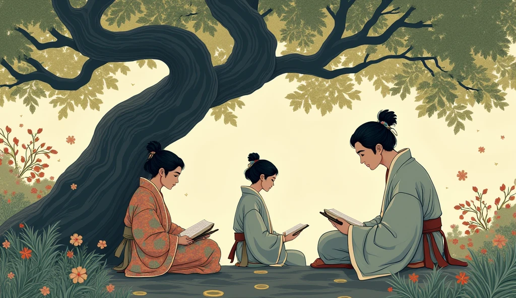 Ukiyo-e, simple,man,two woman, studying, old style, large tree