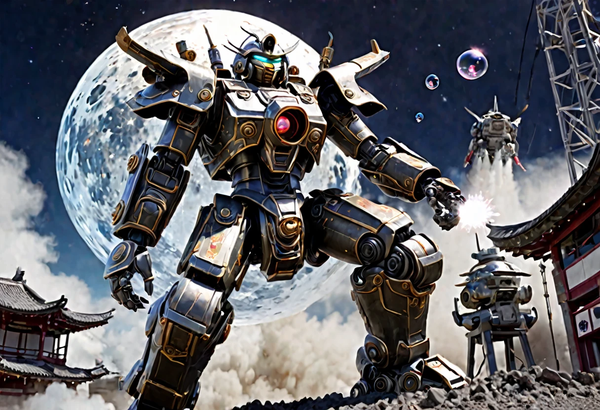 A giant robot (samurai theming, head has helmet styling and a large bubble dome cockpit), lunar surface, stars in back ground, action pose, shooting a rocket fist at viewer connected to mech via chain