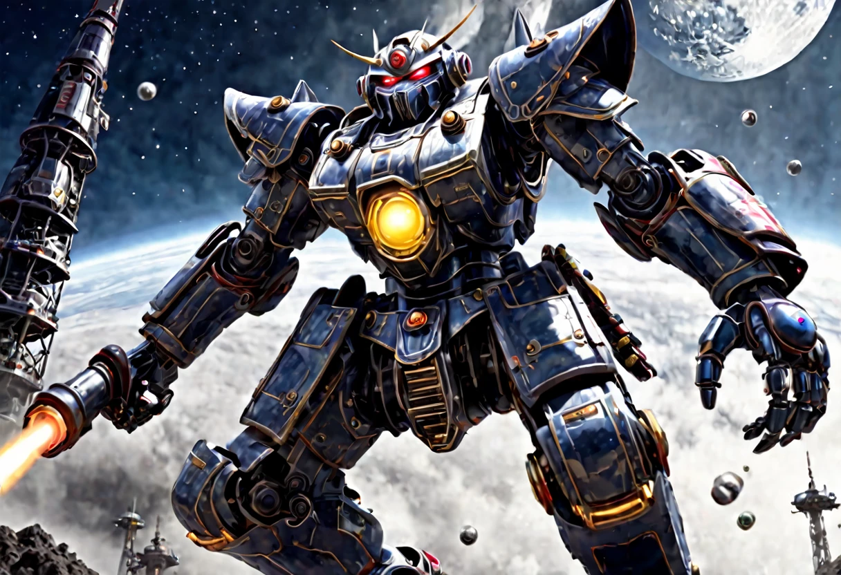 A giant robot (samurai theming, head has helmet styling and a large bubble dome cockpit), lunar surface, stars in back ground, action pose, shooting a rocket fist at viewer connected to mech via chain