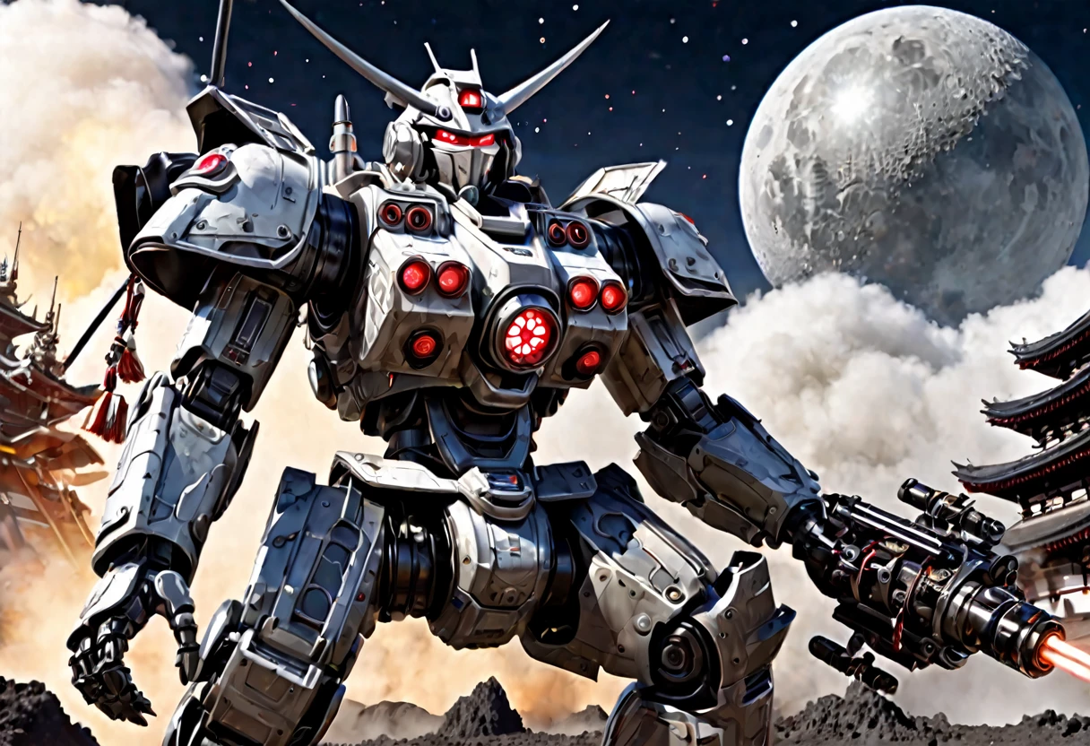 A giant robot (samurai theming, head has helmet styling and a large bubble dome cockpit), lunar surface, stars in back ground, action pose, shooting a rocket fist at viewer connected to mech via chain