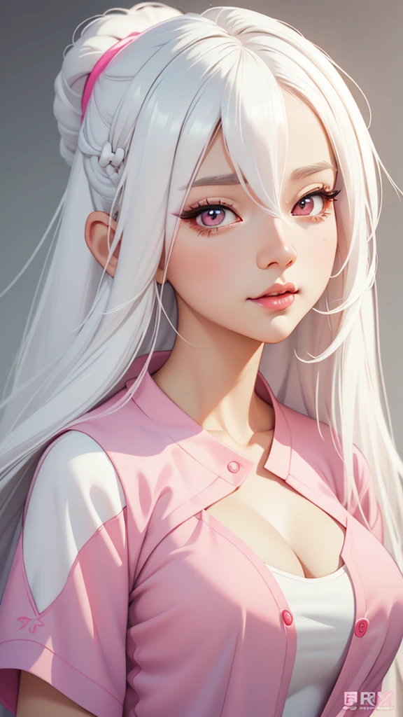 A close-up of a woman with long white hair and a pink shirt, a digital painting inspired by Ross Tran, art station, Digital art, Perfect white hair girl, Girl with white hair, guweiz style artwork, rossdraws 1. 0, 🤤 girl portrait, Ross draws a portrait, rossdraws digital painting, ig model | artegerm