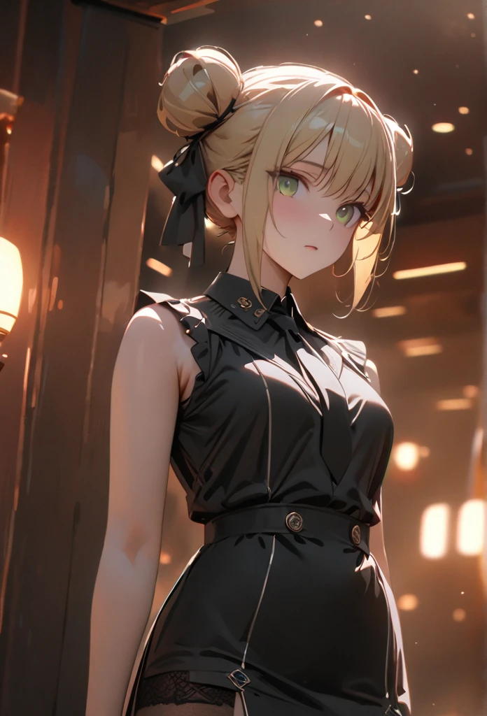 blond hair, light green eyes,Twisted Double Buns, (wearning sleeveless shirt white, black skirt, black ribbon tie, garter stockings) 1 woman, hair up, happy, tired, high detail, green eyes, blonde hair, pretty, tall, emotionless, high detail, masterpiece, super detail, high details, high quality, best quality, pretty, tall, emotionless, ((femenine)), ((male face)), handsome, solo, looking at viewer, light, 1girl, 4k quality,cinematic lighting, ray tracing, depth of field, cinematic lighting, ray tracing, UHD, high details, best quality, highres, high quality, award winning, super detail, masterpiece, 8k, UHD, high details, best quality, highres, high quality, award winning, super detail, masterpiece, 8k, digital art, anime coloring, full body, body shot, good face, perfect face, detailed face, good eyes, detective office background,
