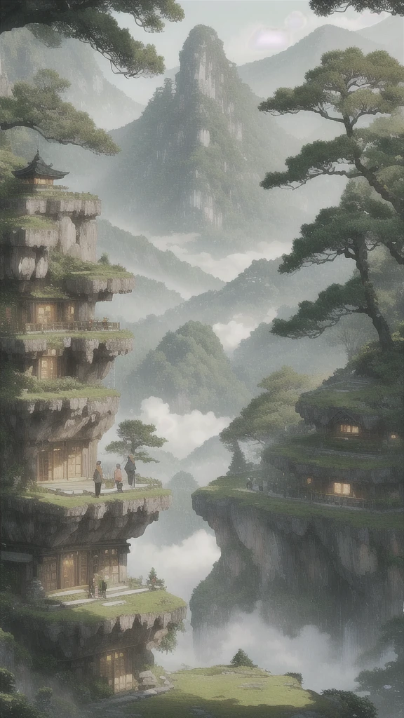 Anime Style, Akira Toriyama. Create a lush, green mountain landscape at sunrise, inspired by traditional Chinese art. The scene should feature verdant, towering mountains covered in thick, vibrant green foliage, with ancient trees, vines, and dense vegetation creating a sense of richness and life. The mountainsides should be teeming with various shades of green, from deep emerald to soft moss, giving the area a dense, jungle-like atmosphere.

The sky should be illuminated with warm hues of orange and pink as the sun begins to rise, casting soft light over the mountains. Mist should swirl gently around the mountain peaks, adding a touch of mysticism.

At the center of the scene, leave a clear, flat space on a mountaintop where a stone egg has just cracked open (this is where I will insert an image of Sun Wukong emerging). Surround this area with a gentle golden glow and floating sparkles to signify a magical event.

Ensure the overall mood is lush, vibrant, and full of life, capturing the feeling of an ancient, enchanted forest high in the mountains."