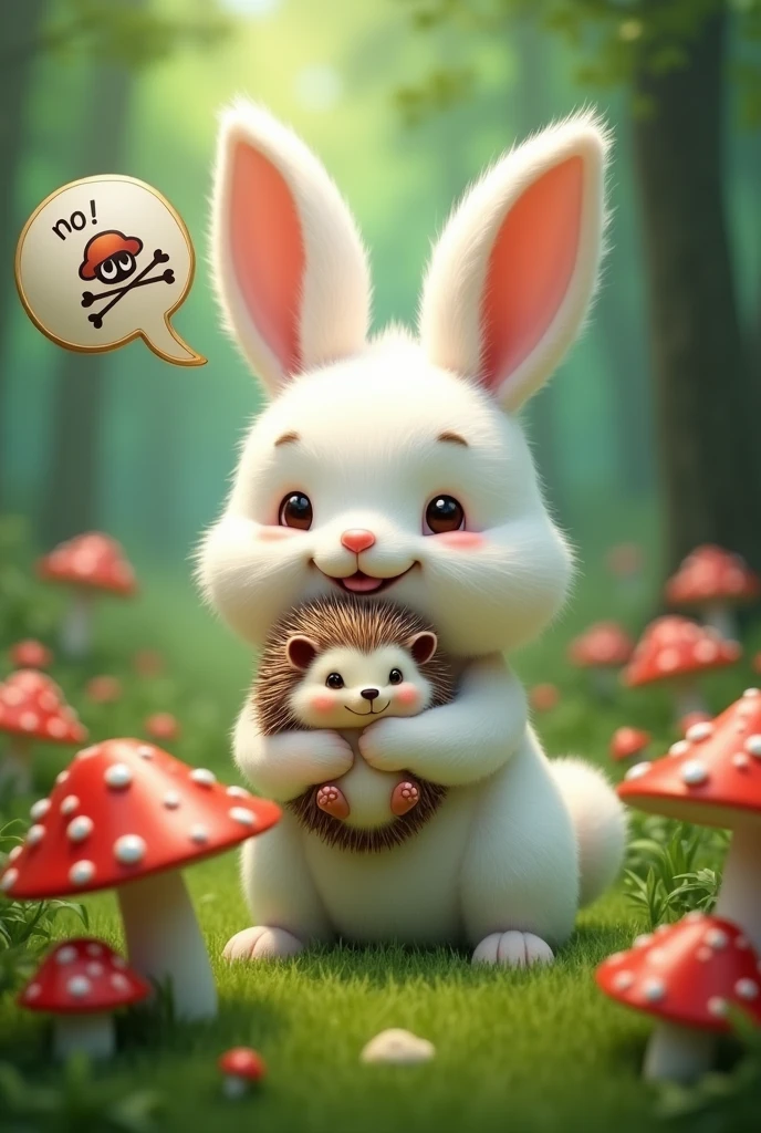 Generate a Full HD hyper-realistic image of A fluffy white bunny holds a small hedgehog in its arms, set against a vibrant, green forest backdrop. The scene features whimsical red and white mushrooms in the foreground. Above the bunny, a speech bubble displays a skull and crossbones with the word NO! inside, suggesting a playful warning about the mushrooms. The atmosphere is enchanting and playful, reminiscent of a storybook illustration.