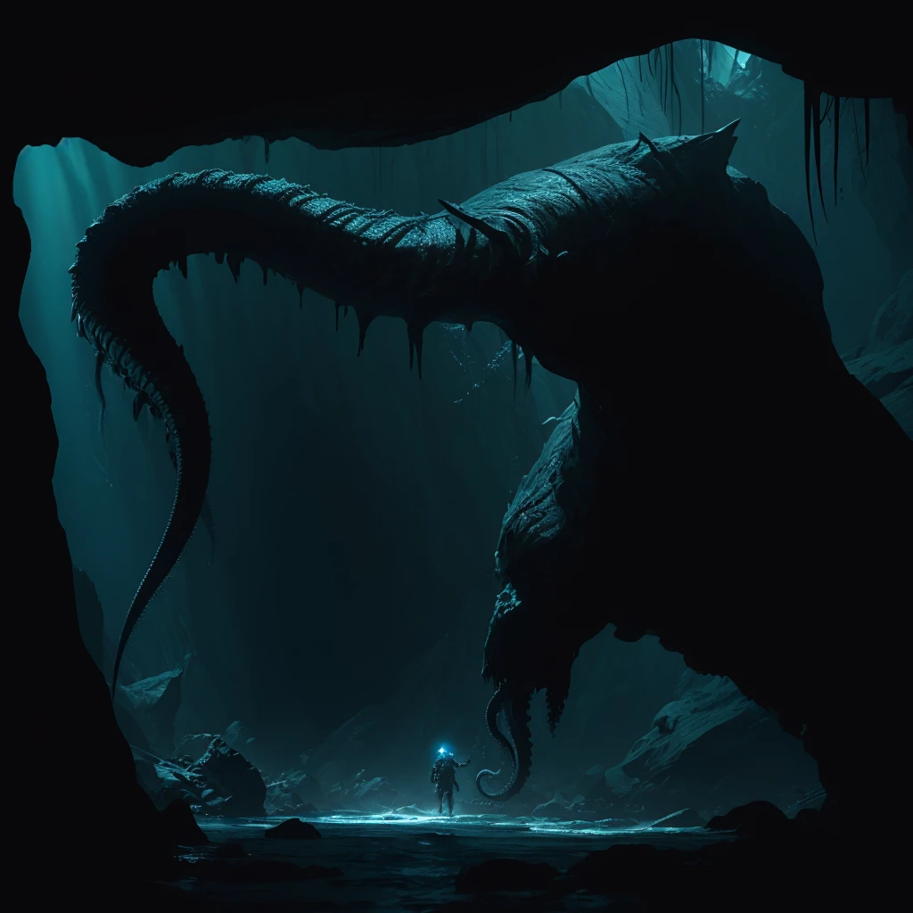 gigantic creature from the darkness of the depths of the sea that has tentacles and a humanoid body with a very threatening look with many details in 4k that is inside an extremely large cave where an adventurer with a torch in his hand who is small in comparison to the creature