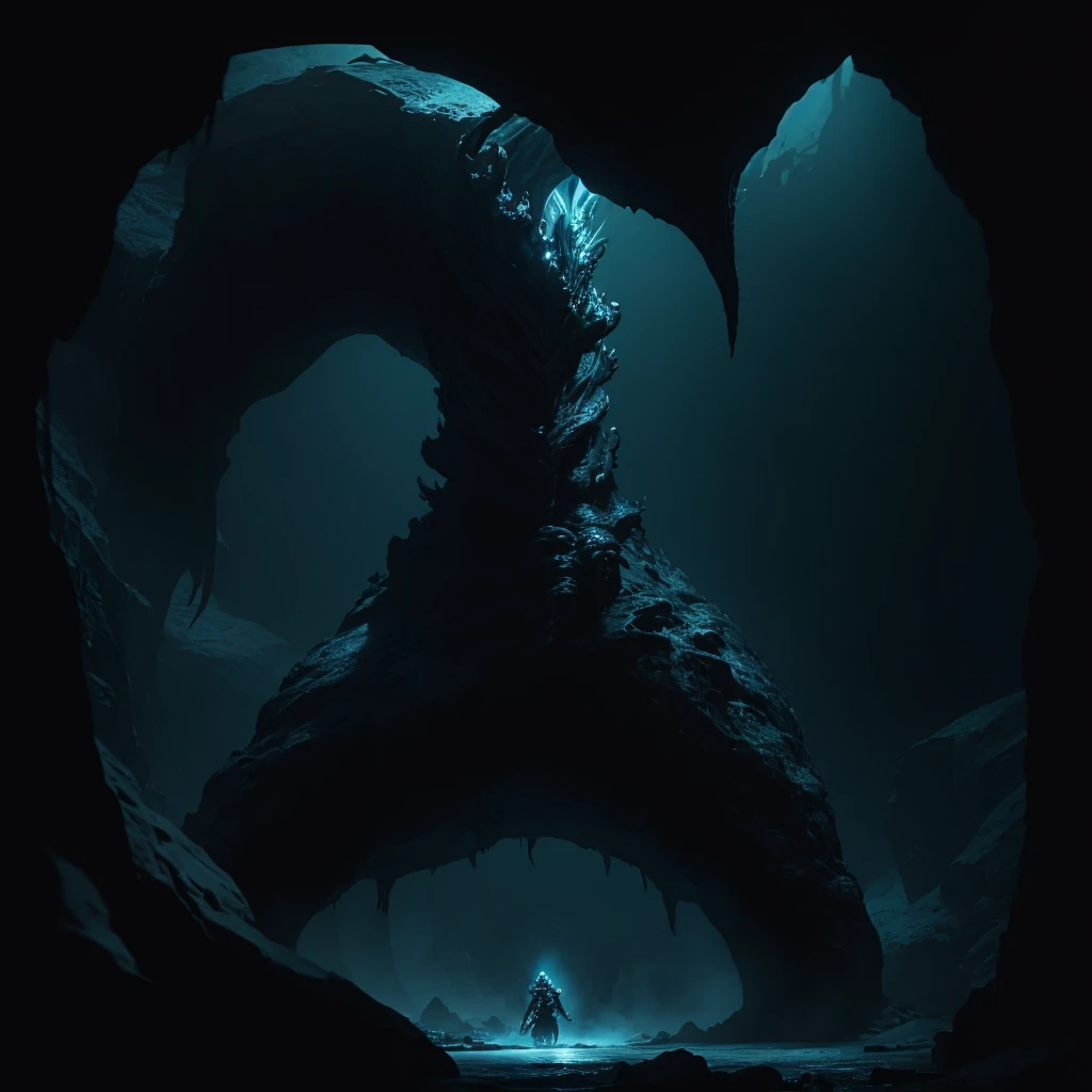 gigantic creature from the darkness of the depths of the sea that has tentacles and a humanoid body with a very threatening look with many details in 4k that is inside an extremely large cave where an adventurer with a torch in his hand who is small in comparison to the creature