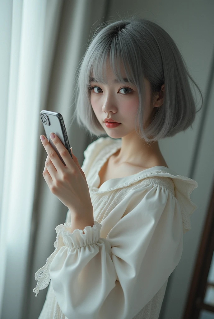 highly detailed, beautiful, hyper Realistic girl, masterpiece, best quality, Depict a mysterious and sophisticated Japanese gravure woman, 28-years-old, identity hidden, all body shot, /// (wearing a Pierrot costume, white theme), /// gray arranged hair, small head, Detailed face, cute and Pretty slim face, Duck mouth, perfect beautiful Tooth, arranged gray hair, shiny eyes, blue-colored eyes, Realistic skin, Detailed face, /// Monotone simple modern taste single room, mirror, complicated background /// takes a selfie in her room using a smartphone in front of a mirror with one hand, standing and fashion model Posing, looking away from the camera,
