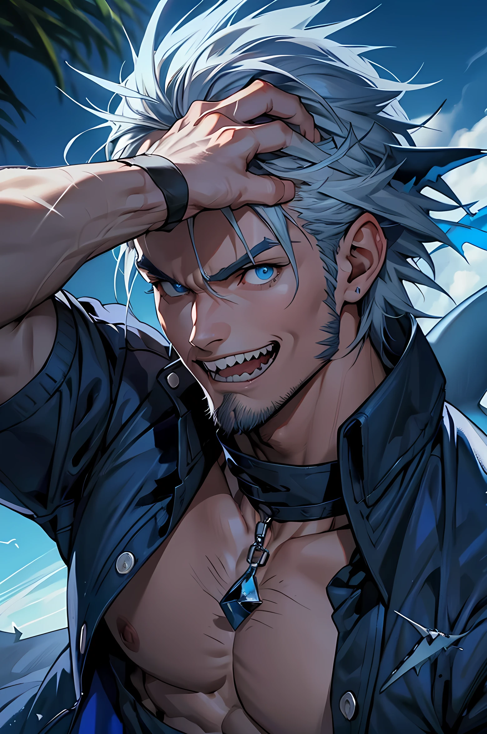 Chisled festures, male, anime male, shark teeth, chisled abs, six pack abs, mid length blue and grey hair, blue eyes, sharp teeth, muscle shirt, defined teeth, detailed facial features, dynamic pose  sharp shark style teeth, perfect hands, perfect eyes, hand through hair
