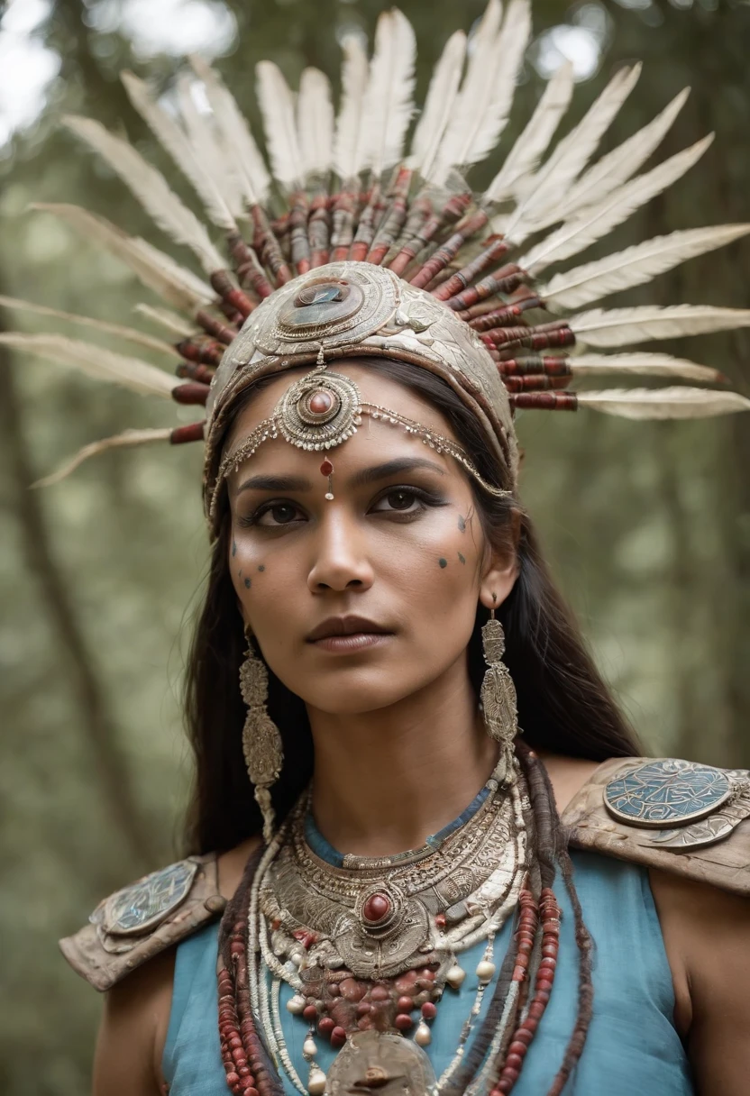 roduce a visually captivating portrait image in a square format. The subject is an enigmatic figure situated amidst a hauntingly atmospheric forest setting during the twilight hours.
Foreground:
- A tribal chieftain adorned with an intricate ceremonial headdress that encompasses the majority of their head. The headdress is primarily metallic in nature, characterized by swirling, almost labyrinthine patterns and adorned with several symmetrically arranged, protruding bone-like spikes. It also features red gem-like orbs and a centralized, ornate, circular emblem, possibly a tribal insignia or amulet.
- The chieftain's face is painted with tribal markings in white, emphasizing the eye sockets and cheekbones, lending a skeletal appearance. Additionally, white bead-like embellishments are draped over the eyes, forming an ethereal veil.
- Around the neck are layered metallic adornments and pendants, some with circular motifs and bearing a weathered, antique appearance.
- The chieftain holds a lit flame in their right hand, illuminating their visage and casting a gentle amber glow. The flame flickers subtly, revealing minute details of the hands which are marked by age, scars, and experience.
Background:
- A dim, otherworldly forest shrouded in a mysterious haze. Patches of fog, blue-toned and ethereal, meander around the trees, creating pockets of obscurity and intrigue.
- The vertical lines of slender bamboo-like trees stand tall and create a stark contrast against the pervasive murkiness.
Lighting:
- A subtle, natural backlight filters through the canopy, producing a soft blue ambiance. This contrasts sharply with the warm, fiery luminescence emanating from the flame held by the chieftain.
- The juxtaposition of warm and cool light accentuates the texture and depth of every element, particularly highlighting the metallic intricacies of the headdress and the tactile quality of the paint on the chieftain's face.
Photography Specifications:
- Camera: A high-end DSLR