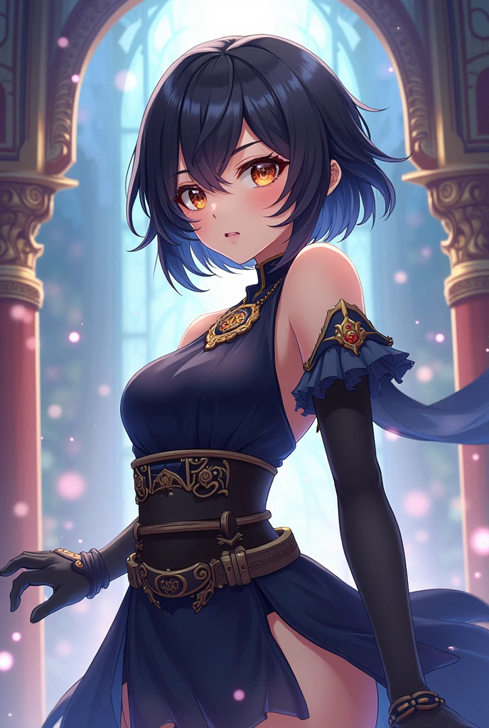 Geschin hit a girl with short black hair down to her shoulders,a Lumine outfit and brown eyes, Geschin Impact version 
