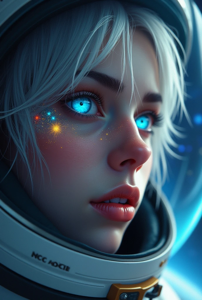 (Close-up of a better masterpiece:1.5)0.9], (Space and astronauts:1.2) (Messy silver hair:1.1) (Heterochromia xanthochromia and blue eyes:1.2) (Space Helmet:1.0) (Colored stars in the eyes:1.0) (A radiant glow:1.1) (thick lips:0.9)