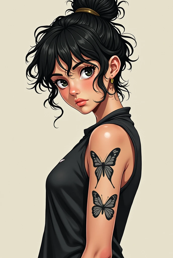 age female with short curly hair tied up football player with a tattoo of a single butterfly on her right arm and one on her left forearm of three small butterflies and black eyes
