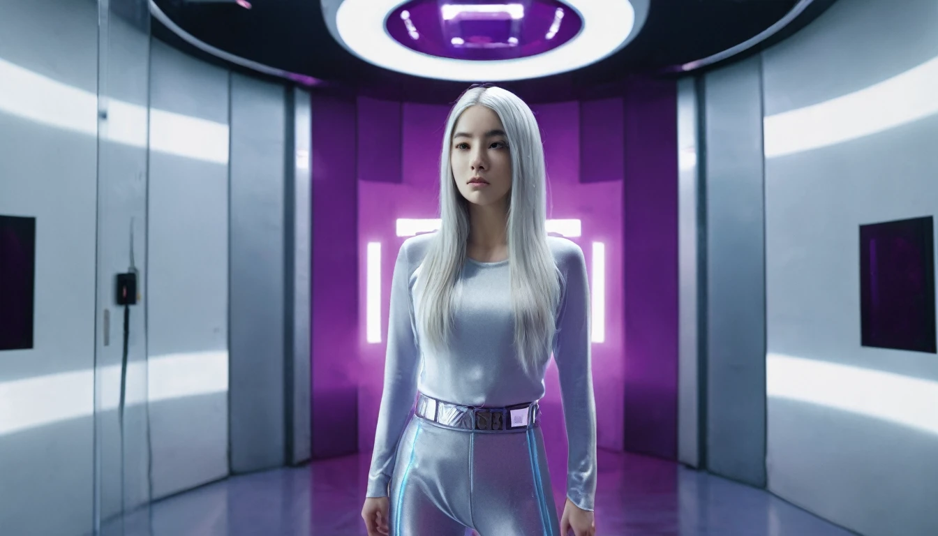 Panoramic full-body camera behind the girl The girl in a tight silver shirt with high-tech equipment, long silver hair, is seeing the "URBOX" hologram gate floating in the middle of city in front of her, a gate glowing brightly with white and purple light. The wall of the elevator is a giant LED screen displaying hologram above the city. The purple, white, and blue tones intertwine, creating a strong sense of displacement.