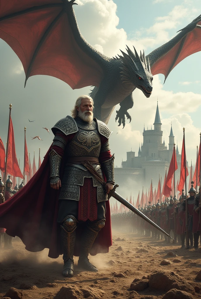Create a detailed image of Aegon Targaryen on the battlefield and with his dragon flying in the sky 