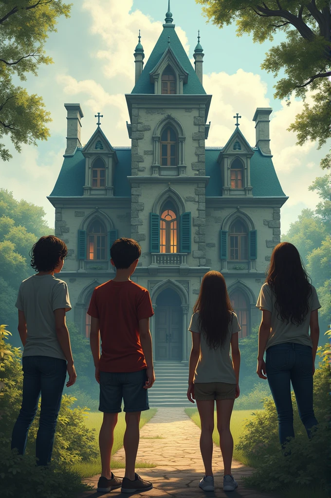 The four friends standing outside the mansion, looking relieved but contemplative, with the ancient building behind them and a sense of newfound courage on their faces.